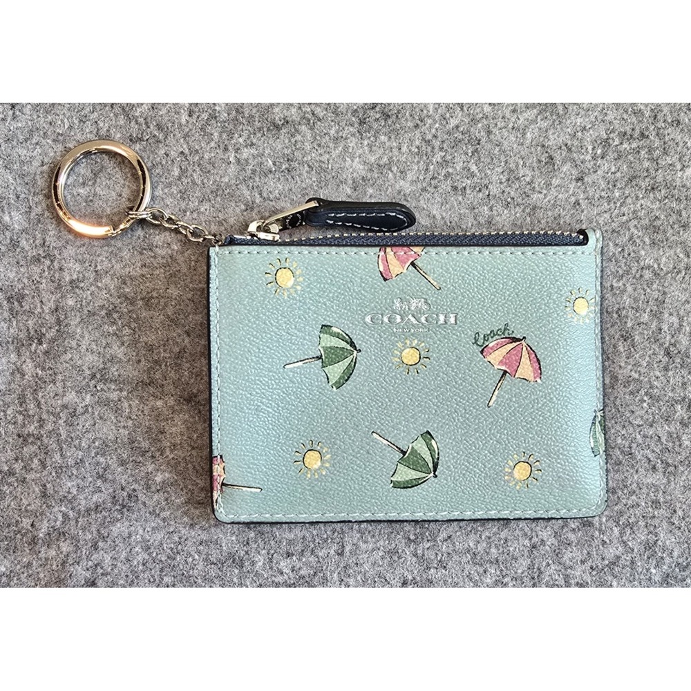 Coach Mini Skinny ID Case F73466 light blue beach umbrella sun print NWOT